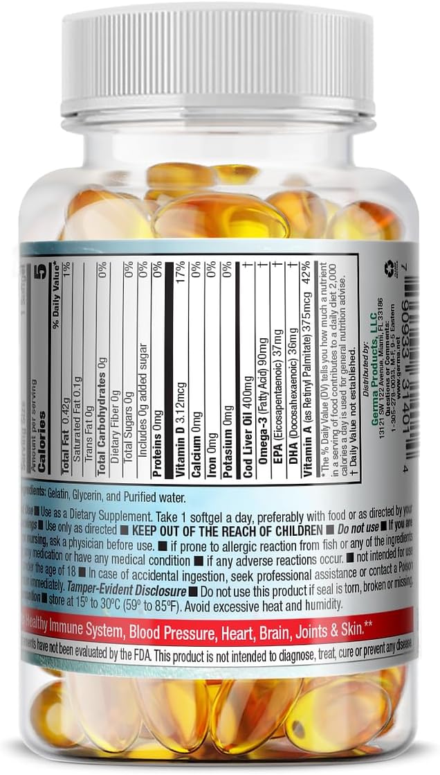 Aceite De Higado De Bacalao Capsules 2 x 100's (200 softgels Total) Pure Norwegian Cod Liver Oil GERMA 2-Pack