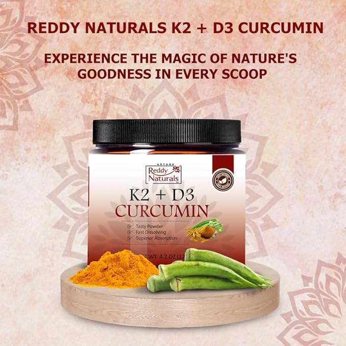 Reddy Naturals Turmeric Curcumin with K2 D3 and Black Pepper - Natural Supplement for Joint, Bone & Immune Health - Water-Soluble Powder with Honey - 4.2 oz (120g)