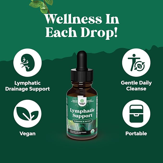 Certified Organic Lymphatic Drainage Drops - Herbal Lymphatic Cleanse and Immune Support Supplement with Echinacea Goldenseal & Red Clover Extract - Vegan Non GMO Alcohol and Sugar Free - 60 Servings