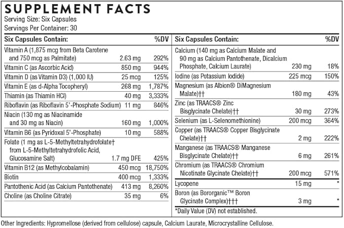THORNE Men's Multi 50+ - Comprehensive Daily Multivitamin with Vitamins A, B6, B12, C, D, E, Zinc & More - Support Heart, Brain, Prostate, Muscle & Immune Health* - 180 Capsules