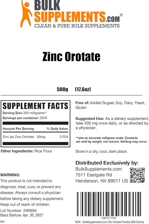 BulkSupplements.com Zinc Orotate Powder - Zinc Minerals Supplement, for Immune Support - Gluten Free, 200mg per Serving, 500g (1.1 lbs) (Pack of 1)