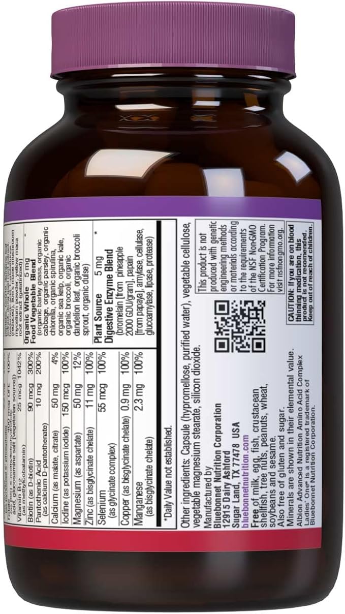 Bluebonnet Nutrition Ladies’ ONE 40+ Whole Food-Bed Multiple, Women Multivitamin for Women 40+, Soy-Free, Non-GMO, Gluten Free, 30 Vegetable Capsules, 30 Servings