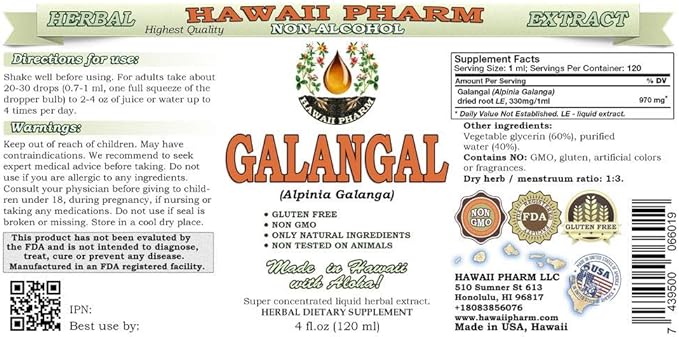 Galangal Root Alcohol-Free Liquid Extract, Organic Organic Galangal (Alpinia Galangal) Dried Root Glycerite Hawaii Pharm Natural Herbal Supplement 2x4 oz