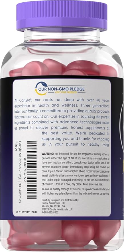 Carlyle Melatonin 2.5 mg Gummies | 90 Count | Berry Flavor Gummy Supplement | Vegan, Non-GMO, Gluten Free
