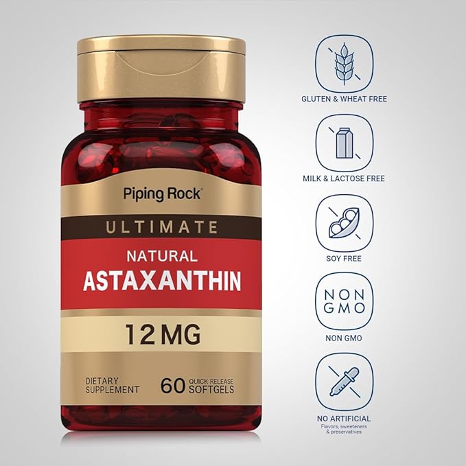 Piping Rock Astaxanthin 12mg | 60 Quick Release Softgels | Extract Supplement | Gluten Free, Non-GMO