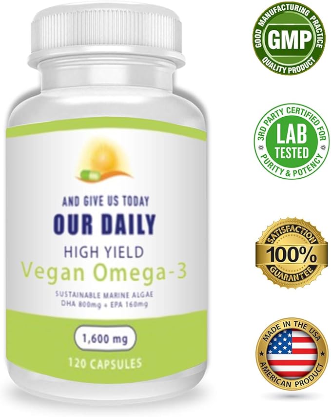Our Daily Vites Vegan Omega-3 Supplement - Marine Algal Source for DHA & EPA Fatty Acids - Plant-Based Fish Oil Alternative - Carrageenan Free Softgels for Eye Health & Optimal Wellness