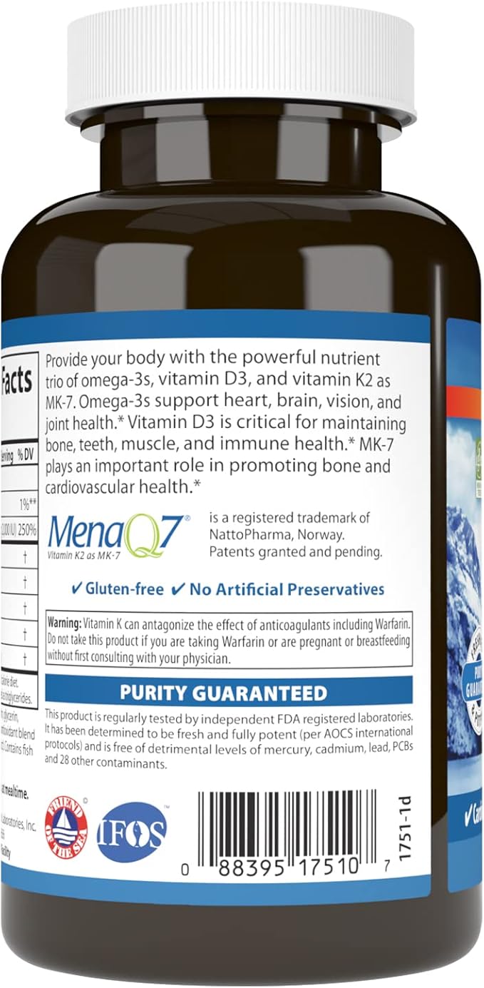 Carlson - Elite Omega-3 Plus D & K, 700 mg Omega-3s + D3 & K2, Function, Bone Health & Immune Support, Lemon, 60 Softgels