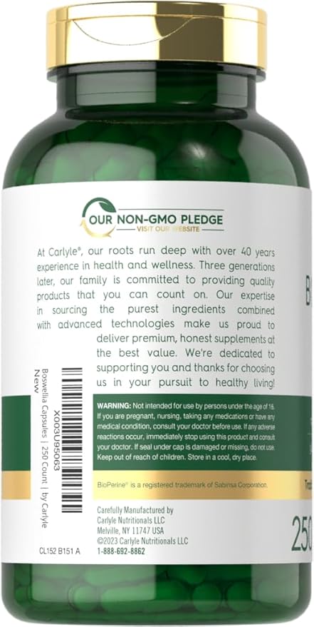 Carlyle Boswellia Extract Capsules 1200mg | 250 Count | Boswellia Serrata Complex with Black Pepper Extract | Non-GMO, Gluten Free Supplement
