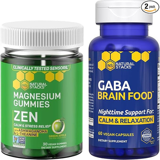 NATURAL STACKS GABA Brain Food + Zen Magnesium Gummies Bundle - Supports Stress Relief & Relaxation* - 90 Pieces