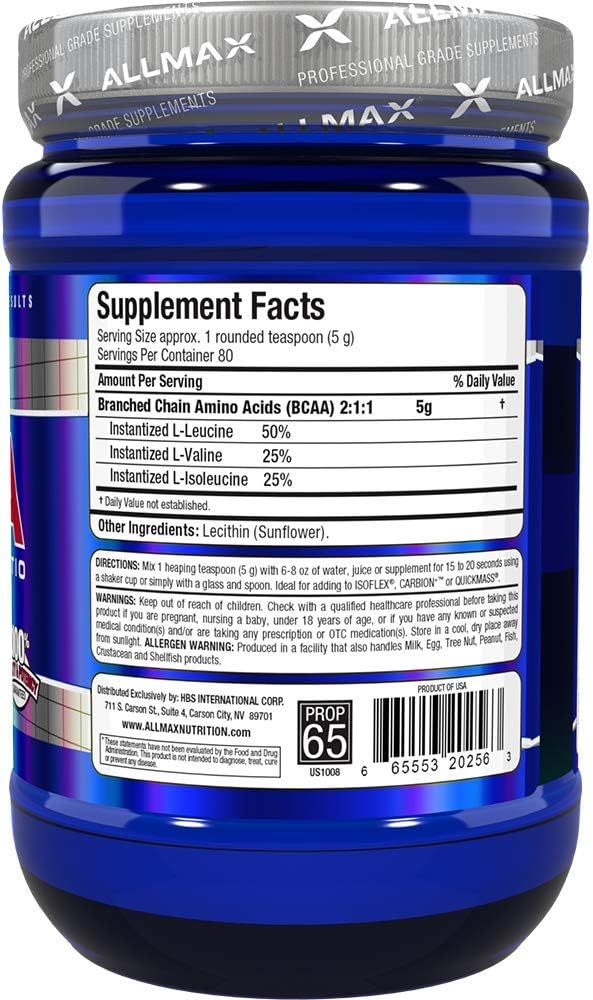 ALLMAX Nutrition BCAA 2:1:1 Powder, Amino Acid Supplement for Muscle Recovery, Unflavored, 400 Gram (Pack of 1)