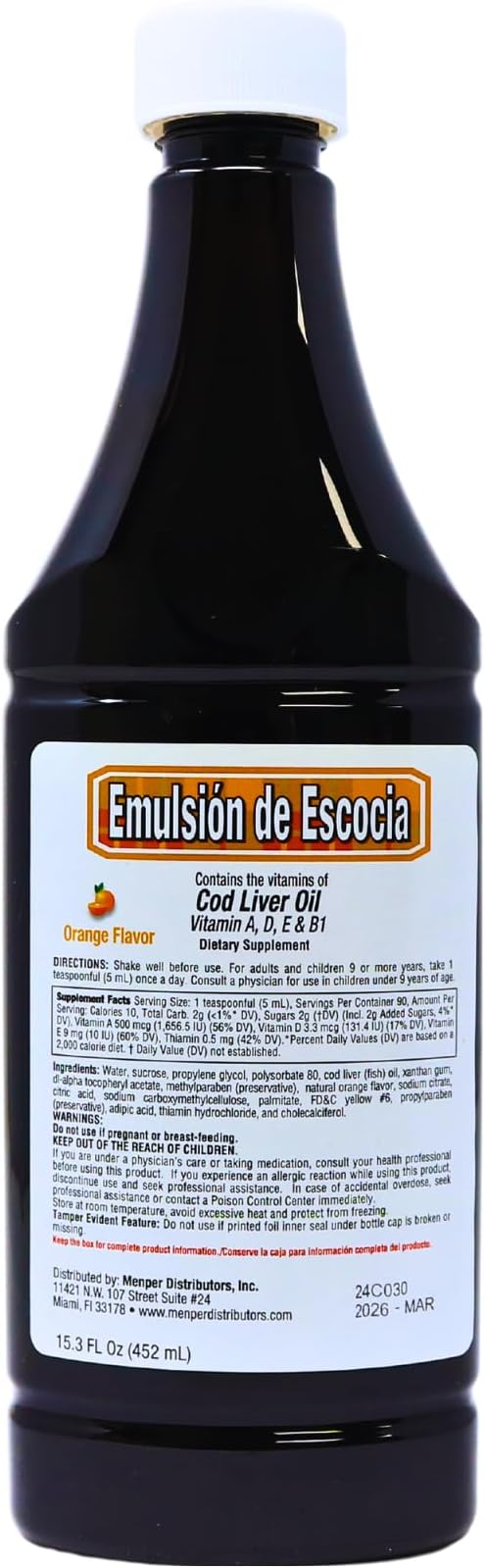 EMULSION DE ESCOCIA Cod Liver Oil, Dietary Supplement, Vitamins A, B1, D and E, Immune System Support, Orange Flavor (15.3 Fl Oz/Pack of 1)