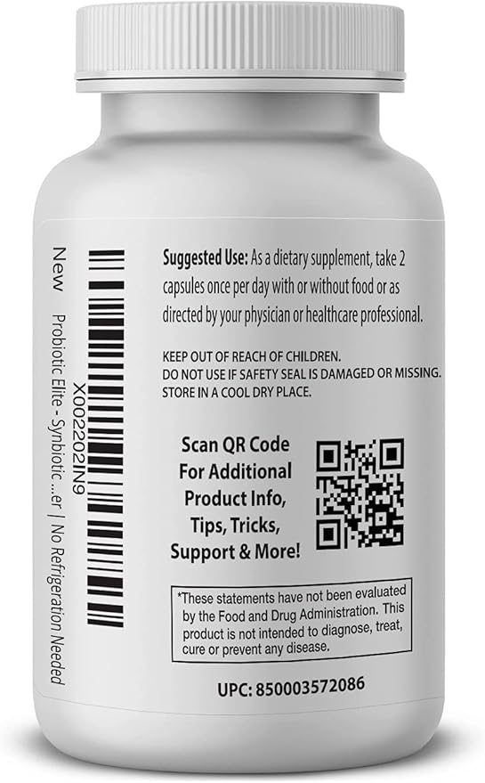 Probiotic Elite – Synbiotic with FOS + Supernatant – 60 vcaps – Pre, Post & Probiotic Digestive Support with 20 Billion CFU, FOS, Acacia Fiber & Freeze – Dried Culture Powder