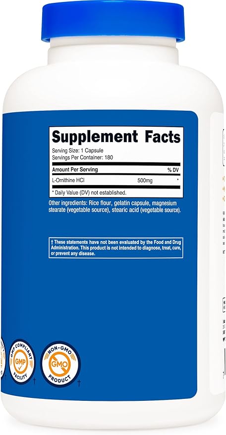Nutricost L-Ornithine 500mg; 180 Capsules (2 Bottles)