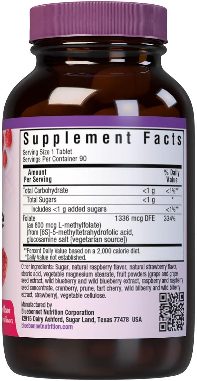 Bluebonnet EarthSweet Methylfolate 800 mcg Cellular Active Coenzyme 5-MTHF L Methyl Folate Supplement - Prenatal & Energy Support* - Non-GMO, Vegan, Gluten-Free - Raspberry - 90 Chewable Tablets