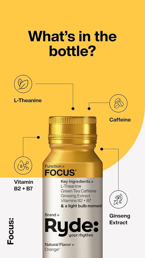 Ryde: Discovery Pack | Energize, Focus & Relax Shots | Green Tea Caffeine, Taurine, Ginseng, B Vitamins, L-Theanine, Lemon Balm, Chamomile | 0 Calories, 0 Sugar | Variety Pack Try Them All (24 Pack)