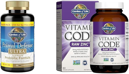 Garden of Life Probiotics Primal Defense Ultra 216 Capsules + Zinc Supplements 30mg High Potency 60 Capsules
