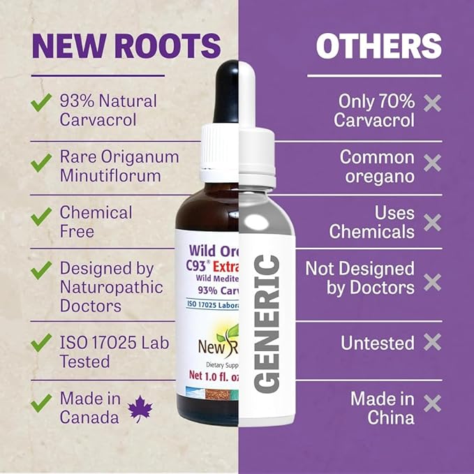 New Roots | Wild Oregano Oil Extra Strong | 93% Carvacrol Oregano Oil Liquid Drops (1 fl oz) | Highest Concentration of Carvacrol |Alcohol Free, Non GMO, Vegan, Gluten Free