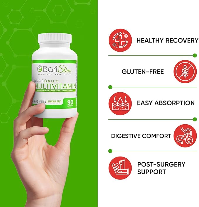 BariSlim Once Daily Bariatric Multivitamin Capsule - 45mg of Iron - Bariatric Vitamin & Supplement for Post Bariatric Surgery Including Gastric Bypass & Gastric Sleeve | 2 Pack (180 Day Supply)