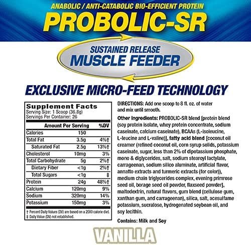 Maximum Human Performance Probolic-SR Sustained Release Protein Powder, 24g Protein, BCAAs, Glutamine, Arginine, Pre-Workout, Post-Workout, Nighttime Protein, 2lbs, 26 Servings, Vanilla