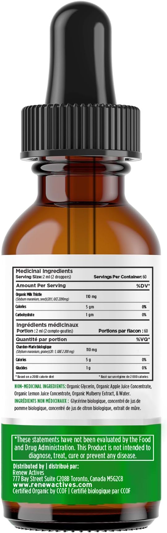 Renew Actives Milk Thistle Liquid Extract 110MG per 2ML – Liver Support Drops for Optimal Health – No Alcohol, Non-GMO, Vegan – Supports Liver Function & Digestive Health – Made in Canada – 4 fl oz