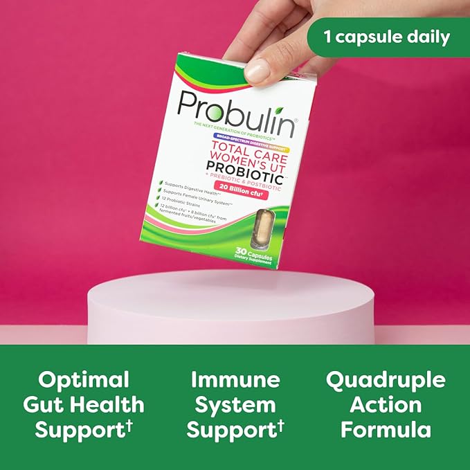 Probulin Total Care Women's Urinary Tract = Prebiotics + Probiotics + Postbiotics to Support a Healthy Vaginal Microbiome - 20 Billion CFU - 12 Strains - 30 Vegan Capsules