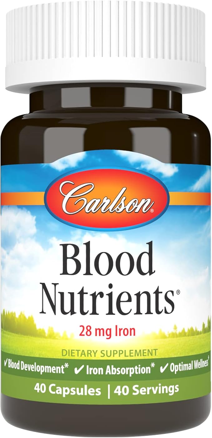 Carlson - Blood Nutrients, 28 mg Iron, Blood Development, Iron Absorption & Optimal Wellness, 40 Capsules