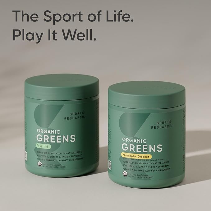 Sports Research® Organic Greens Superfood Powder w/Spirulina & Chlorella, Adaptogens, Enzymes, Probiotics & 8 VIT Bs for Gut & Mood Support* - Vegan, Sugar-Free & Low-Cal Original 30 Servings