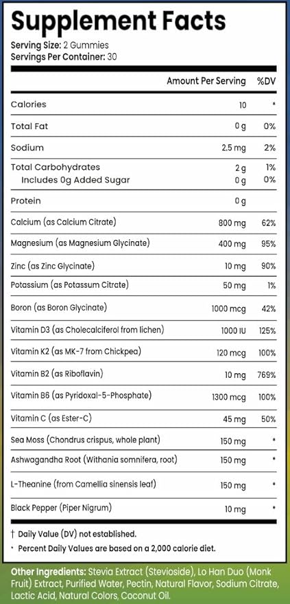 Sugar Free Calcium Gummies for Kids & Adults Citrate Magnesium Glycinate Potassium Vitamin D3 K2 B2 B6 C Irish Sea Moss Ashwaghanda L-Theanine Boron Zinc Gummies for Muscles, Cellular Energy