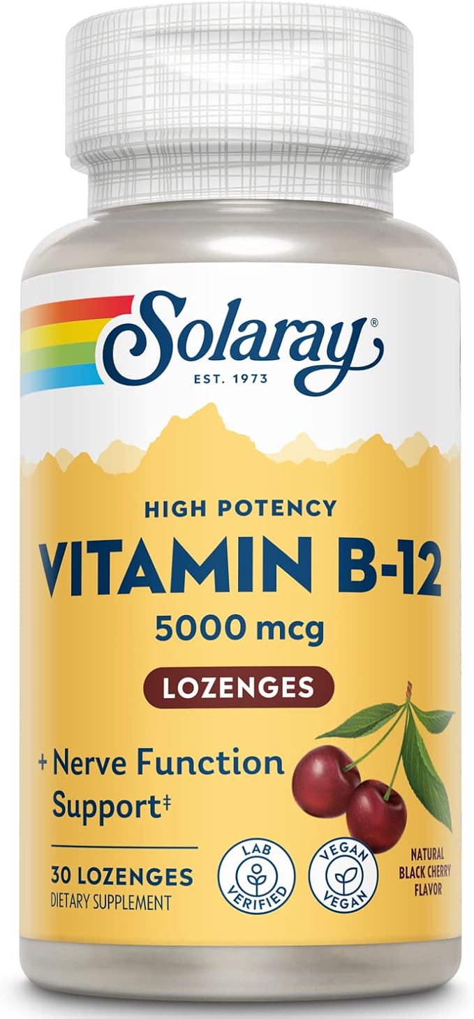 SOLARAY Vitamin B-12 5000mcg Lozenges | Natural Cherry Flavor | Healthy Energy & Nerve Function Support | 30ct