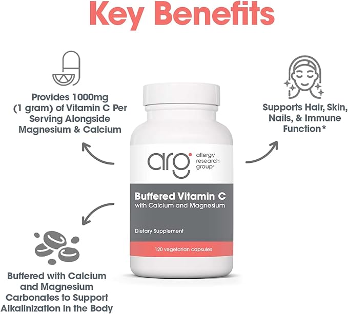 Allergy Research Group, Buffered Vitamin C - Antioxidant Supplements, Calcium and Magnesium Tablets, Daily Vitamins and Minerals, Vitamin C Capsules - 120 Capsules 1-Pack