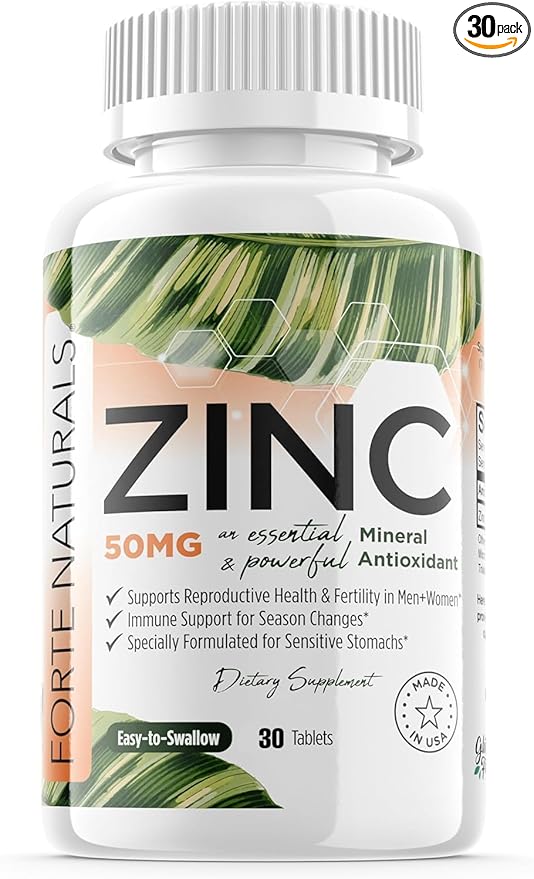 Zinc 50mg, (30 Tablets), Specially Formulated for Sensitive Stomach, Immune Support, Skin & Hair, Vegan Zinc Supplement, Non-GMO Made in USA