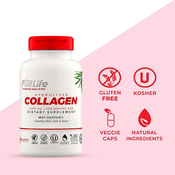 Full Life Hydrolyzed Collagen and Moringa Oleifera Capsules - Dietary Supplements - Bovine Collagen Pills for Women and Men, Gluten-Free - Veggie Capsules