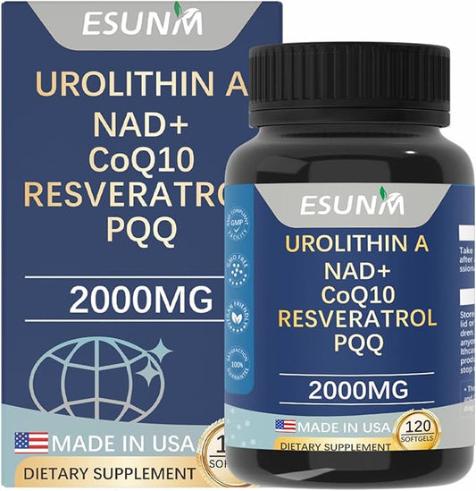 Urolithin A Supplement 1,000mg with NAD+,CoQ10,Resveratrol,PQQ Supplement for Healthy Aging, Antioxidants and Mitochondrial Support,120 Capsules - 30 Servings