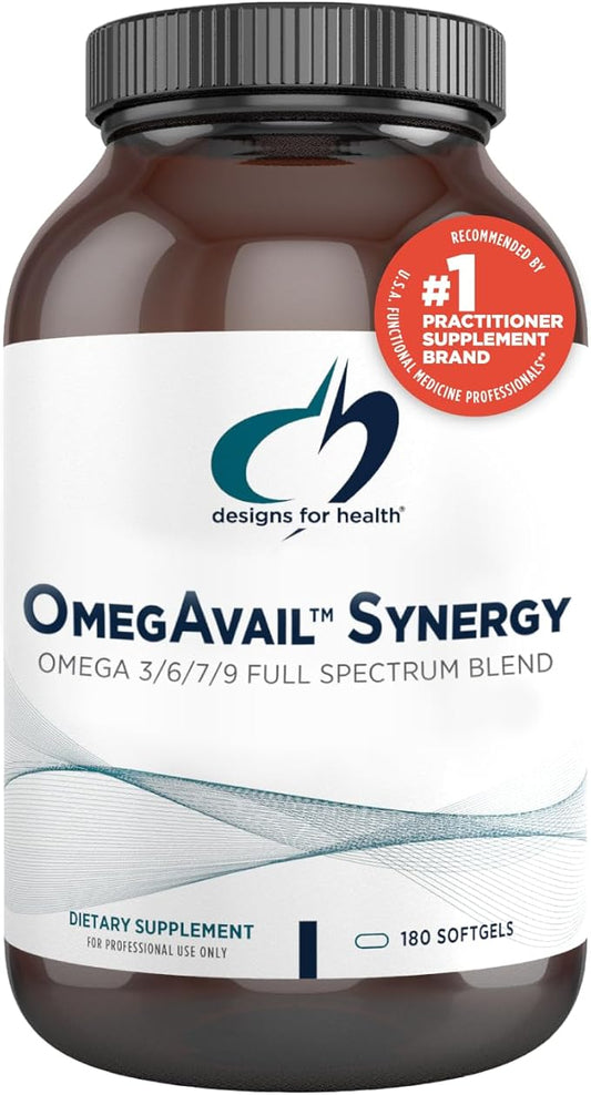 Designs for Health OmegAvail Synergy - Omega Complex for Adults - Omega 3-6-7-9 Fatty Acids from Borage and Macadamia Oil + Triglyceride (TG) Fish Oil with DHA & EPA (180 Softgels)
