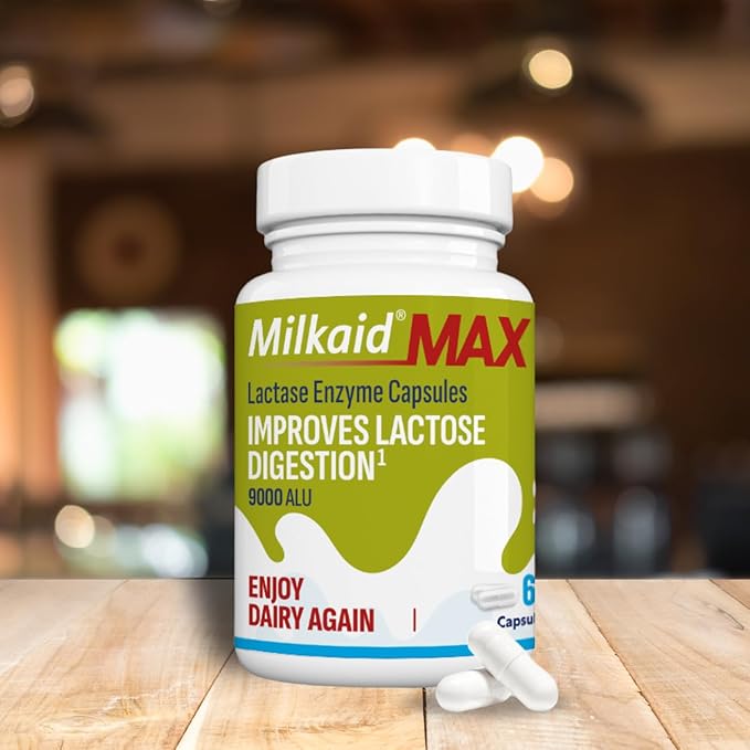 Milkaid Max Capsules for Lactose Intolerance Relief with Lactase Enzyme, Dietary Supplement to Help Prevent Gas, Bloating & Diarrhea Due to Lactose Sensitivity | 9000 ALU (60 Capsules, Unflavored)