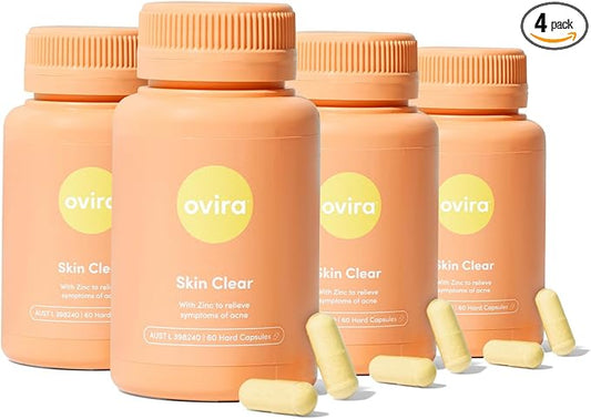 Ovira Skin Clear with ZINCBRIGHT - 60 Capsules for Clear and Glowing Skin | Rosacea & Hormonal Acne Treatment | Support Collagen Production | Acne Supplements for Women & Men - Pack of 4