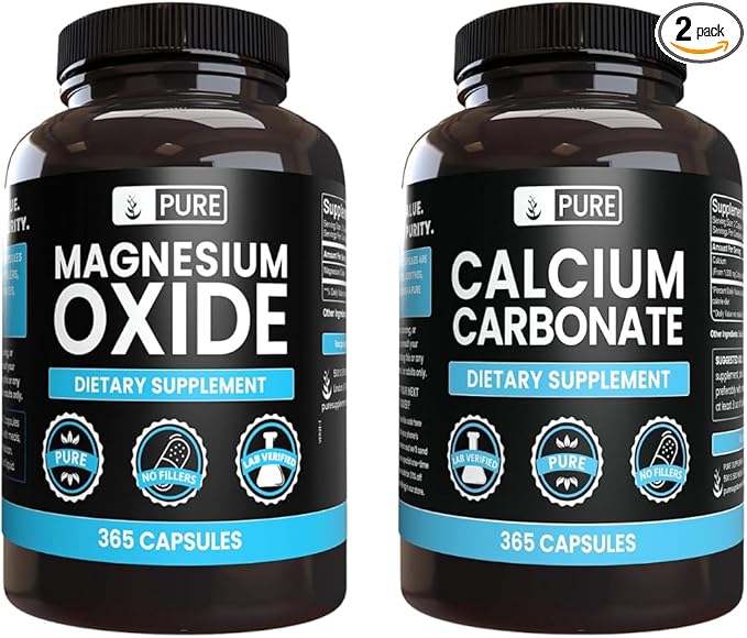 Pure Original Ingredients Calcium Carbonate and Magnesium Oxide Bundle, 365 Capsules Each, No Fillers, Alwasy Pure