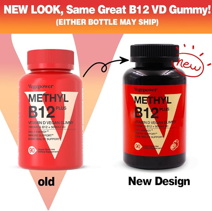 Vegan Vitamin D3 & B12 Gummies, Methyl B12 Supplement for Adults & Kids, Enhanced with Vitamin D 3 for Natural Energy, Immune, Metabolism & Focus, Orange, 90 Gummies