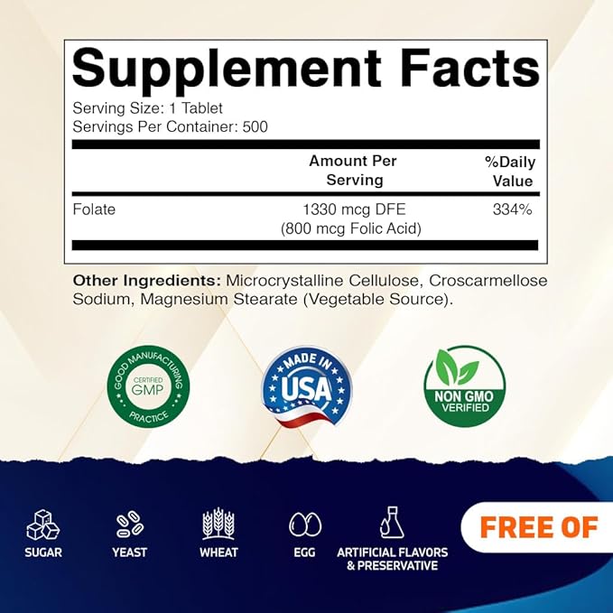 Vitamatic Folic Acid 800 mcg - 500 Vegetarian Tablets - Vitamin B9