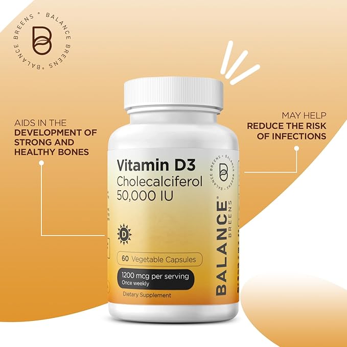 Balancebreens Vitamin D3 50,000 IU, 60 Veggie Capsules - High Potency, Supports Immune & Bone Health - Weekly Once