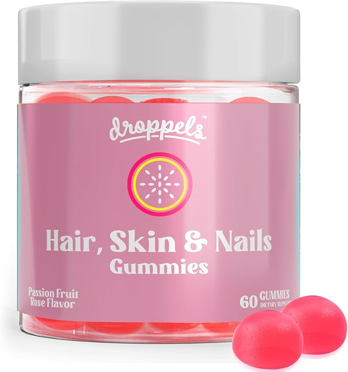 Droppels Hair, Skin and Nails Vitamins Gummies with Biotin 10,000mcg, Vitamin A, Vitamin C, Vitamin E, B6 & B12 | Vegan & Pectin-Based Biotin Gummies, Passion Fruit Rose Flavor, 60 Count