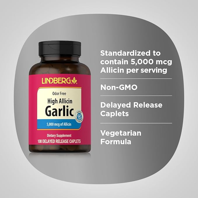 Lindberg Garlic Supplement 5000mg | 100 Caplets | High Allicin Odorless Garlic | Non-GMO, Gluten Free