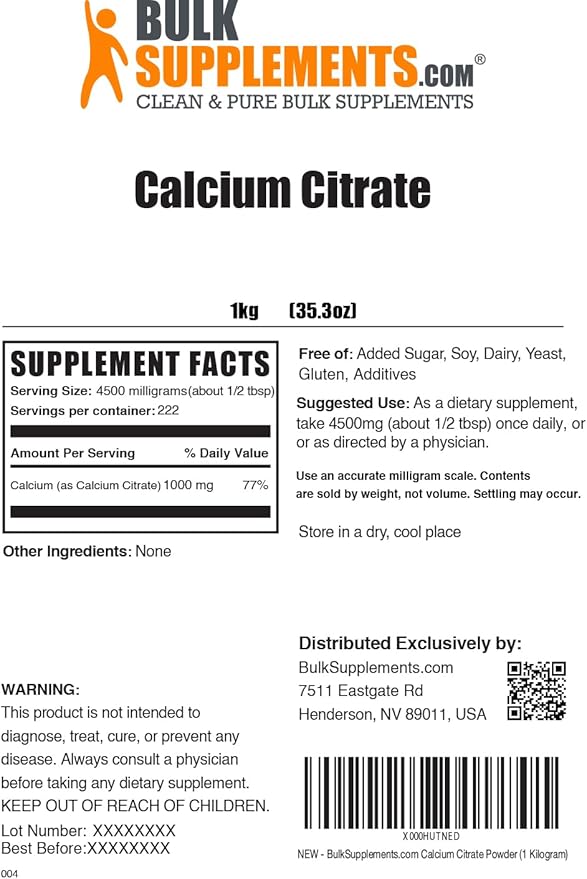 BulkSupplements.com Calcium Citrate Powder - Calcium Supplement, High Bioavailable - Unflavored & Gluten Free, 4.5g per Serving, 1kg (2.2 lbs) (Pack of 1)