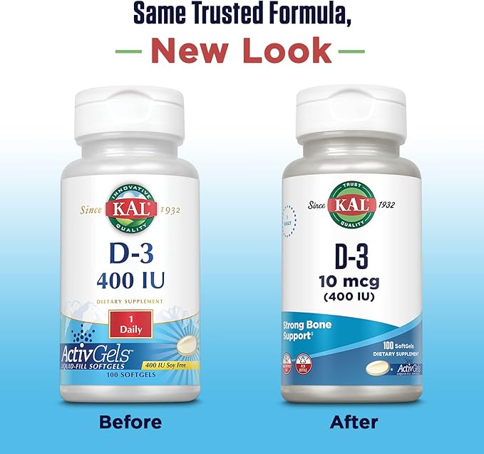 KAL Vitamin D3 400 IU Softgels (10 mcg), Active Form of Vitamin D, Calcium Absorption, Bone Health, Immune Support Supplement, Liquid Filled ActivGel, Made Without Soy, 100 Servings, 100 Softgels