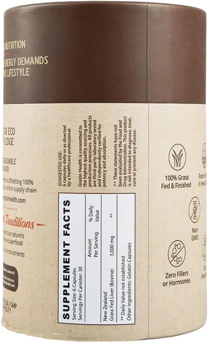 Grass Fed Beef Liver from New Zealand - Freeze Dried 3000mg per Serving (500mg per Capsule) (30 Servings)