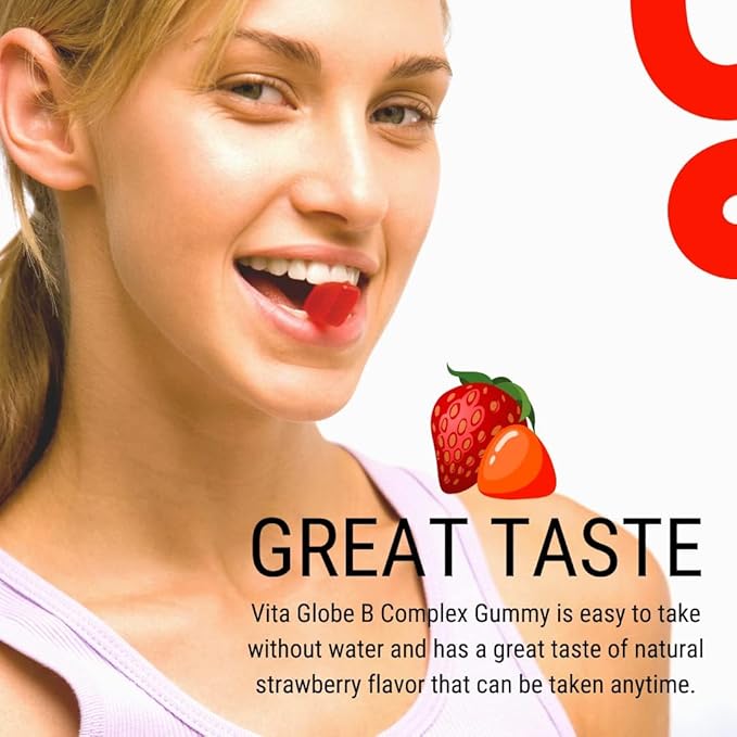 VitaGlobe B Complex Gummy - Strawberry Flavor with Vitamin C, Niacin, B6, B12 & Biotin for Energy, Heart Health and Brain Support, 60 Count (Pack of 1)