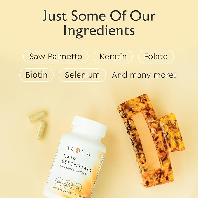 Alaya Hair Essentials - Hair Supplement with Biotin, Keratin, Folic Acid, Vitamin B12, B6 - Lab Tested - Gluten Free - 30 Day Supply
