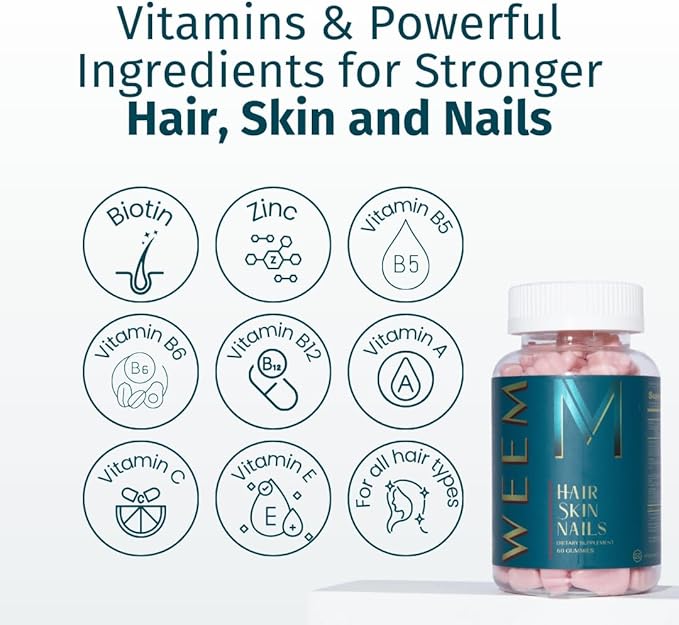 WEEM Hair Skin and Nails Gummies - Supports Healthy Hair - Vegan biotin Vitamins for Women & Men Supports Faster Hair Growth, Stronger Nails, Healthy Skin, Extra Strength (3)