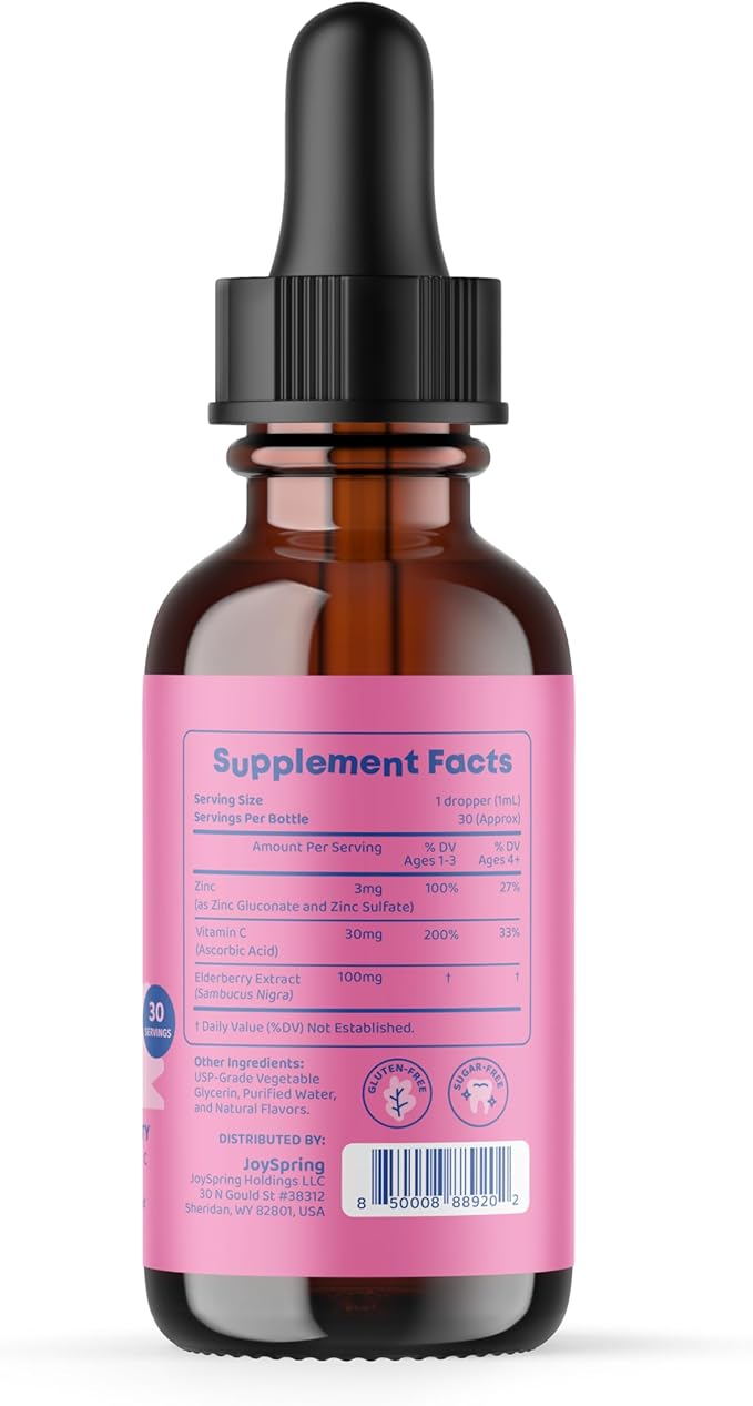 JoySpring Liquid Zinc for Kids - Vitamin C Supplement and Children’s Vitamin D Drops