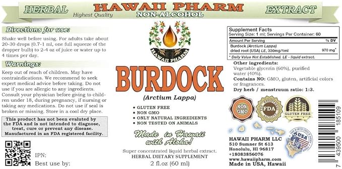 Burdock Alcohol-Free Liquid Extract, Organic Burdock (Arctium Lappa) Dried Root Glycerite Hawaii Pharm Natural Herbal Supplement 2 oz